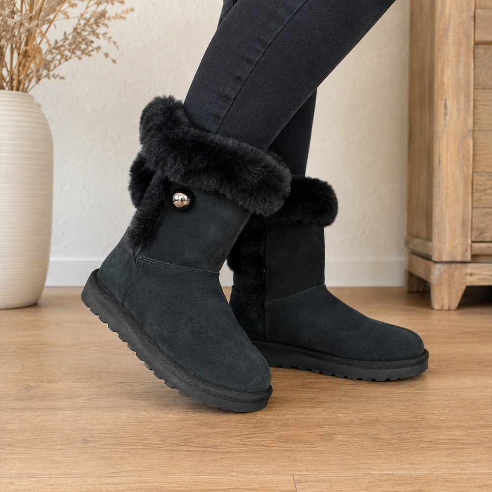 UGG Boots Womens 6 Fluff Pin Black Suede Sheepskin Boots 1103642